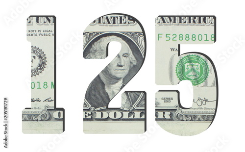 125 Number. American dollar banknotes. Money texture. Isolated on white background