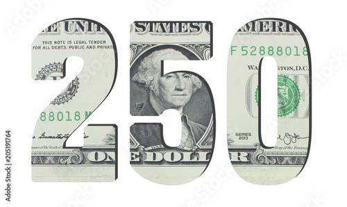 250 Number. American dollar banknotes. Money texture. Isolated on white background