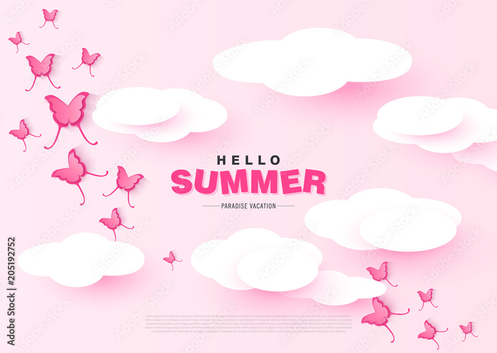 Hello Summer sweet banner with paper clouds and butterflies. Vector illustration. Hello Summer sweet banner with paper clouds and butterflies. Vector illustration.