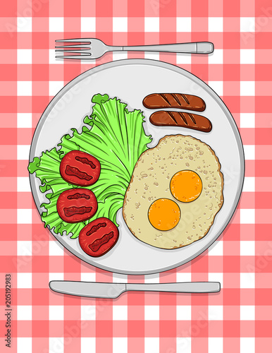 Vector colorful illustration of typical english breakfast. Egg, salad, tomatoes and sausage served on the plate