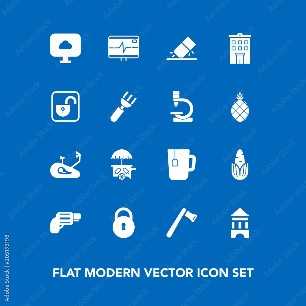 Modern, simple vector icon set on blue background with gun, eraser, heart, hammer, vegetable, cup, unlock, bicycle, erase, van, education, rubber, open, business, lock, real, cloud, fitness, ice icons Modern, simple vector icon set on blue background with gun, eraser, heart, hammer, vegetable, cup, unlock, bicycle, erase, van, education, rubber, open, business, lock, real, cloud, fitness, ice icons