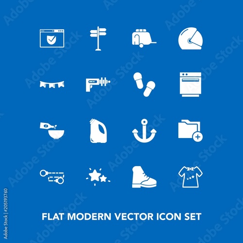 Modern, simple vector icon set on blue background with business, website, kid, child, holiday, chain, drink, web, folder, train, nature, food, street, wine, rider, glass, vehicle, anchor, boot icons