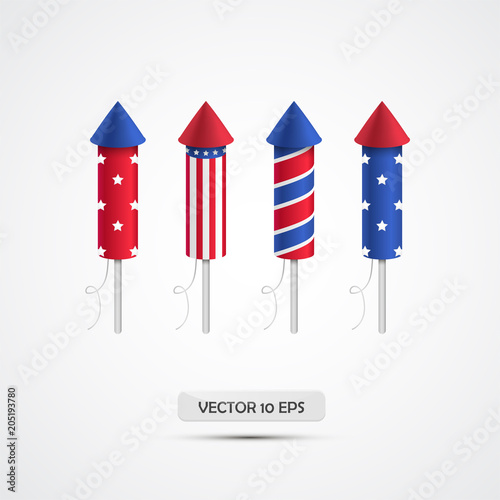 Fireworks red rocket. Pyrotechnic rockets for 4th of July. Independence Day cracker. Vector