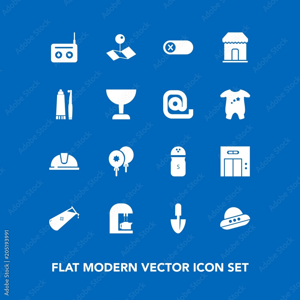 Modern, simple vector icon set on blue background with modern, equipment, location, safety, music, ufo, helmet, caffeine, cafe, deactivate, pepper, chemistry, space, elevator, lift, spice, food icons Modern, simple vector icon set on blue background with modern, equipment, location, safety, music, ufo, helmet, caffeine, cafe, deactivate, pepper, chemistry, space, elevator, lift, spice, food icons