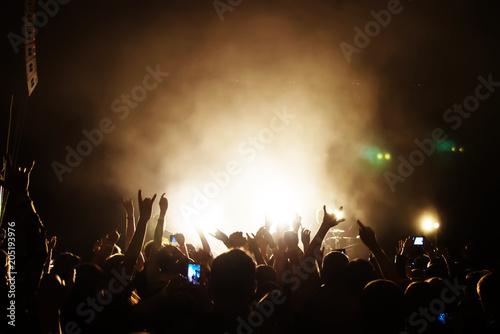 Obraz na płótnie Silhouettes of people in a bright in the pop rock concert in front of the stage. Hands with gesture Horns. That rocks. Party in a club w salonie