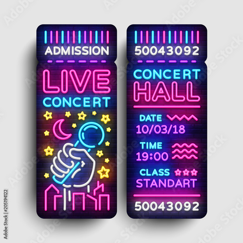 Concert Ticket Neon Vector. Concert Ticket Modern Trend Design, Invitation to Live Music, Neon Style, Light banner, Bright Festival advertisement, invitation to the concert. Vector illustration