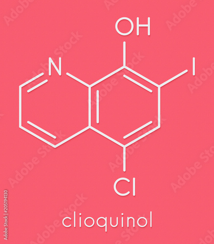 Clioquinol (iodochlorhydroxyquin) antifungal and antiprotozoal drug molecule. Skeletal formula. photo