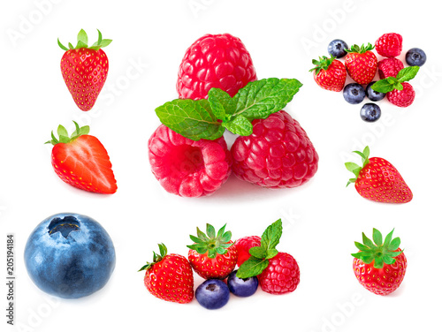 Raspberry. Fresh Berries mix isolated on white background. Set of Ripe raspberries, strawberry and blueberries. Collection..