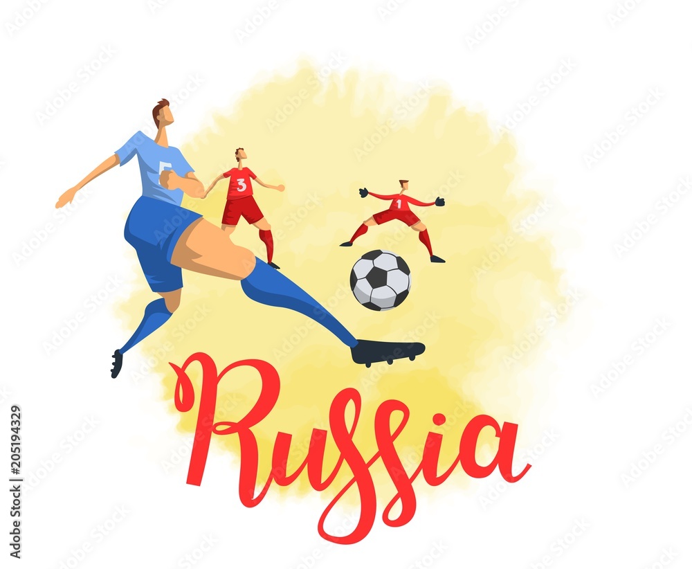 Russia and football. Football players on white background. Colorful poster with lettering. Flat vector illustration. Isolated
