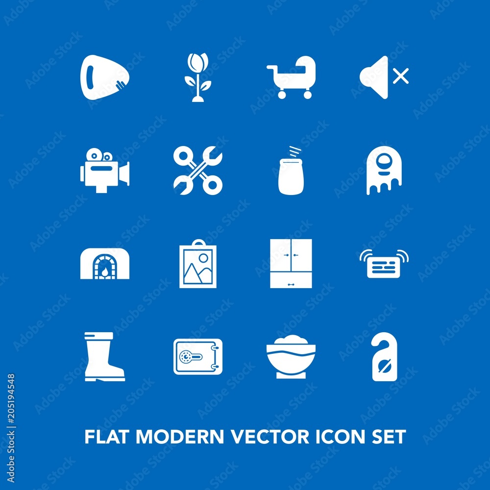 Modern, simple vector icon set on blue background with coffee, carriage, motel, floral, restaurant, repair, video, blossom, baby, volume, home, money, mute, label, musical, privacy, christmas icons Modern, simple vector icon set on blue background with coffee, carriage, motel, floral, restaurant, repair, video, blossom, baby, volume, home, money, mute, label, musical, privacy, christmas icons