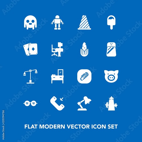 Modern, simple vector icon set on blue background with road, street, glasses, cabinet, law, swine, ufo, call, pig, object, background, poker, piglet, fiction, phone, traffic, game, space, sign icons