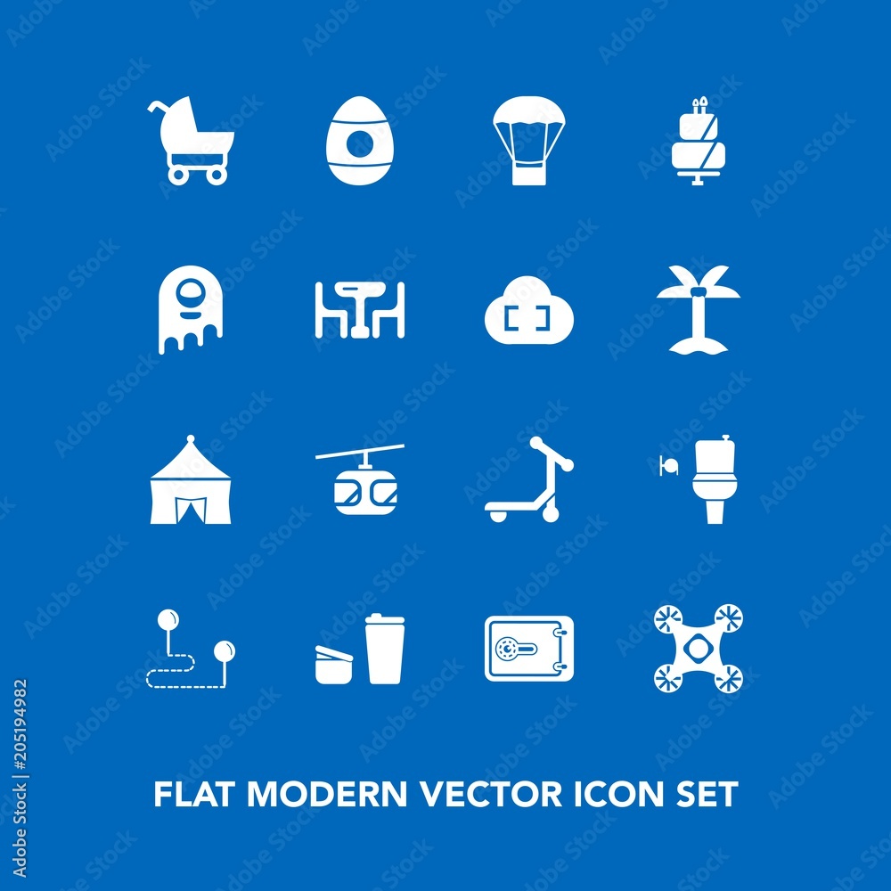 Modern, simple vector icon set on blue background with scooter, destination, cup, drink, sky, child, coffee, cake, map, train, toilet, camera, circus, transport, tent, cafe, holiday, safe, wc icons Modern, simple vector icon set on blue background with scooter, destination, cup, drink, sky, child, coffee, cake, map, train, toilet, camera, circus, transport, tent, cafe, holiday, safe, wc icons