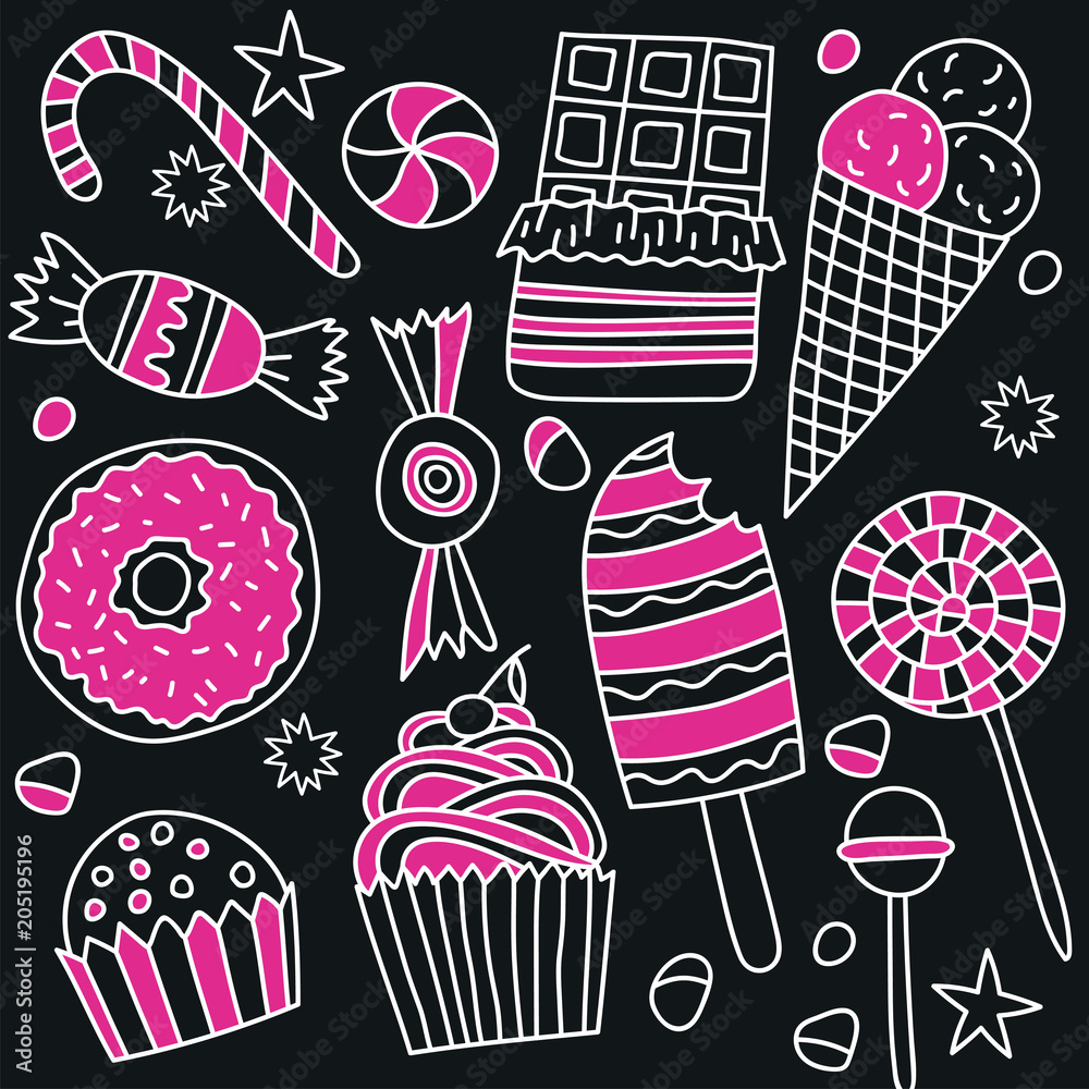 Plakat Zestaw cukierki i słodycze w stylu Bazgroły