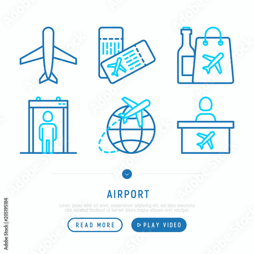 Airport thin line icons set: airplane, boarding pass, duty free, customs, check-in counter. Vector illustration, web page template.