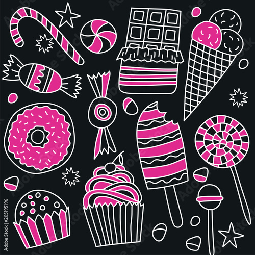 Plakat Zestaw cukierki i słodycze w stylu Bazgroły