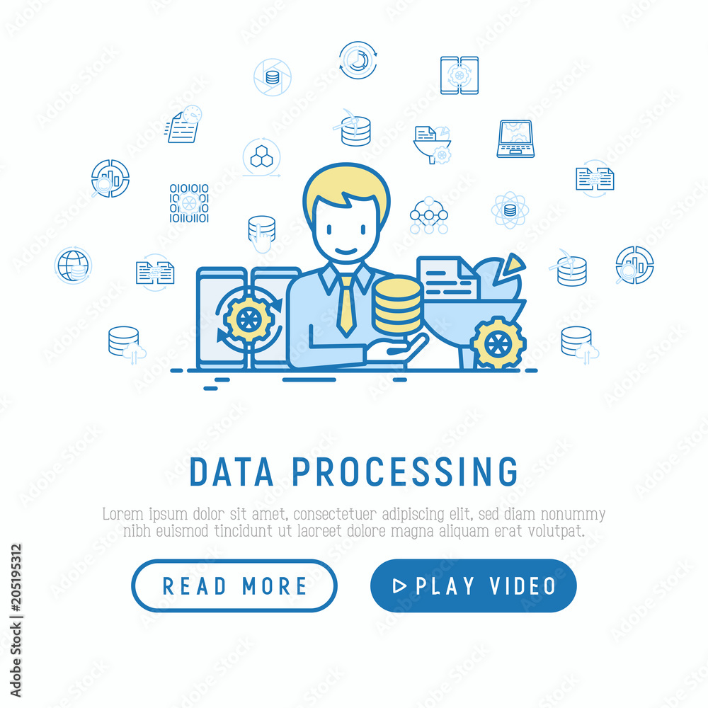 Data processing concept: smm manager analyzes and collects data. Thin line icons: filtering, deep learning, mobile syncing, usage, tracking, cloud database. Vector illustration, web page template.