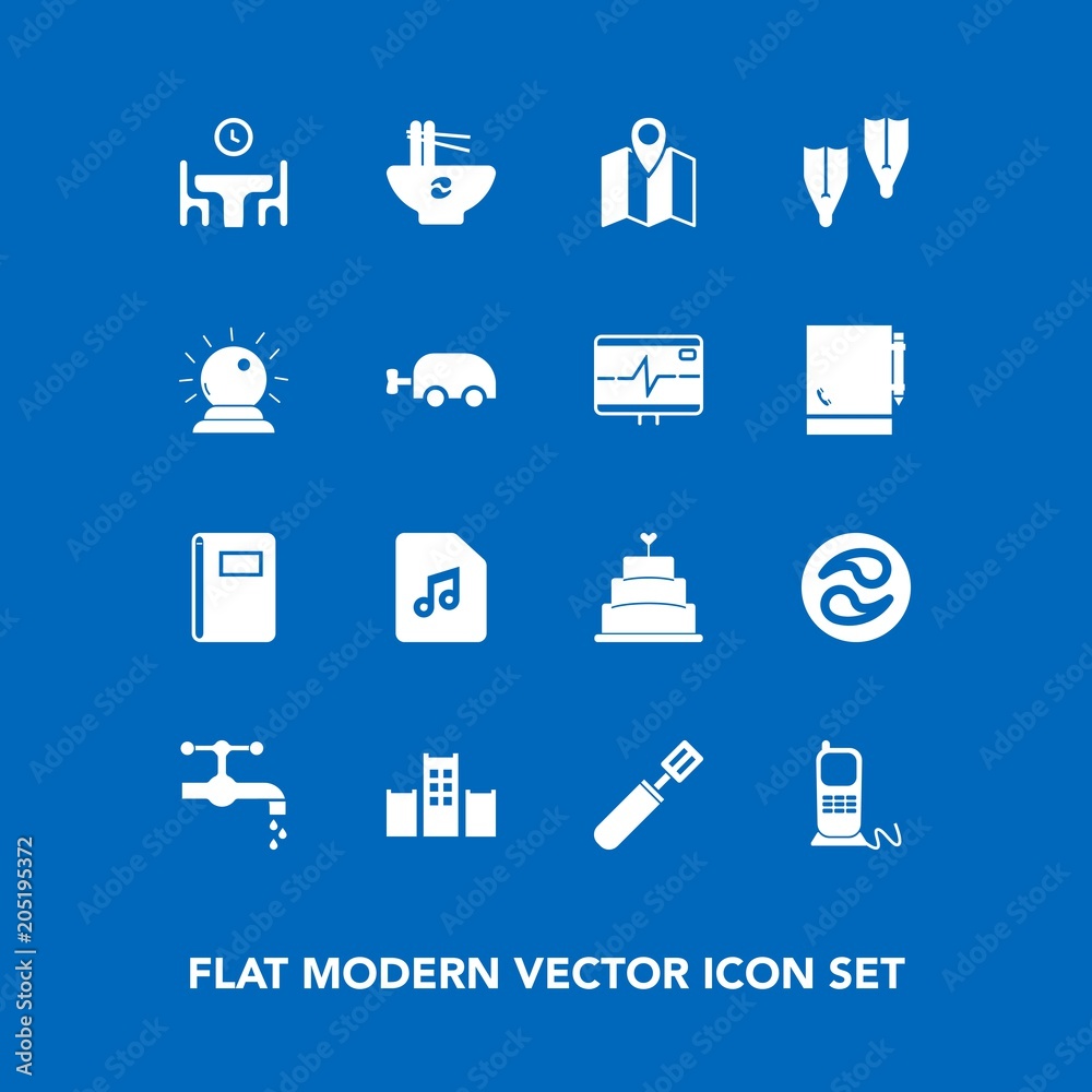 Modern, simple vector icon set on blue background with noodle, telephone, pan, white, cake, home, kitchen, mon, page, meal, table, japan, paper, vacation, sound, dinner, chinese, music, cooking icons