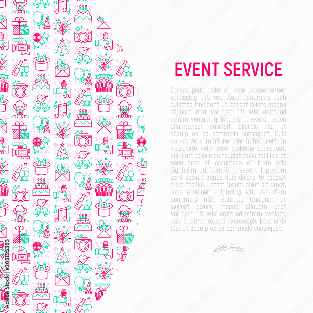 Event services concept with thin line icons: kids party, gifts, birthday, magician, clown, videographer, party invitation, corporate, fireworks, music, romatic date. Vector illustration.