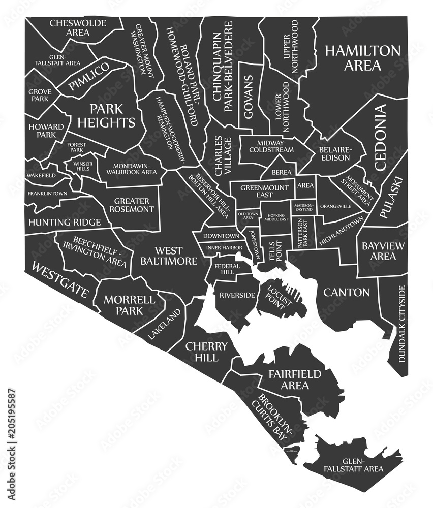 Baltimore Maryland city map USA labelled black illustration Stock ...