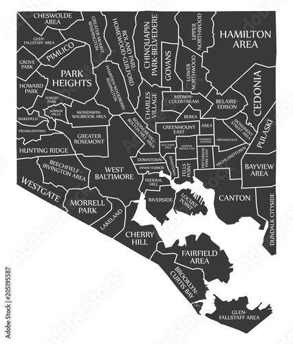 Baltimore Maryland city map USA labelled black illustration