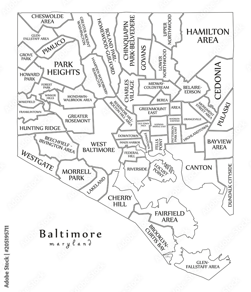 Modern City Map - Baltimore Maryland city of the USA with neighborhoods and titles outline map