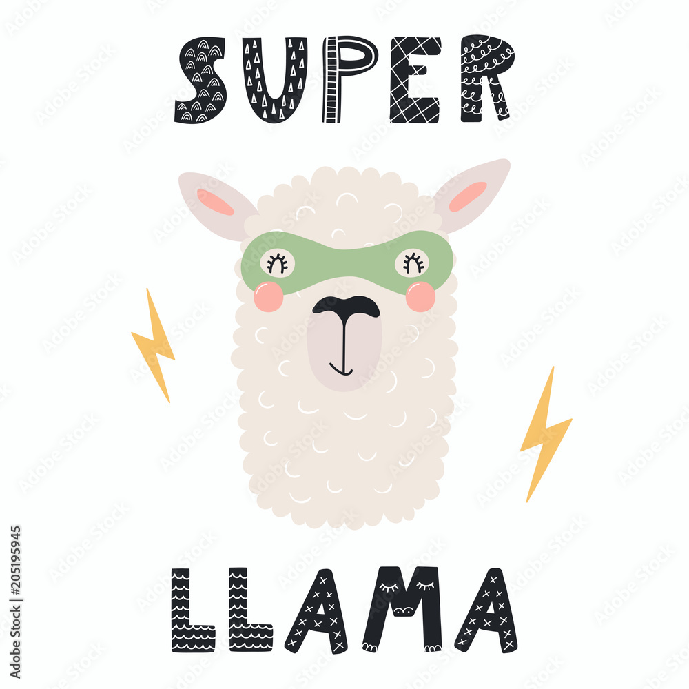 Vektorová grafika „Hand drawn vector illustration of a cute funny llama in  a mask, with lettering quote Super llama. Isolated objects. Scandinavian  style flat design. Concept for children print.“ ze služby Stock