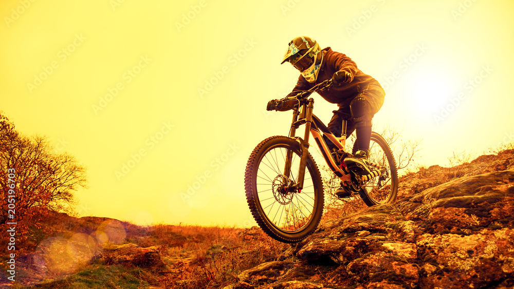 Naklejka premium Professional Cyclist Riding Mountain Bike Down the Rocky Hill. Extreme Sport and Enduro Biking Concept.