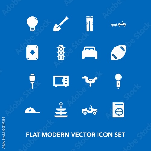 Modern, simple vector icon set on blue background with vehicle, food, travel, immigration, cap, energy, clothing, happy, car, shovel, headwear, equipment, microwave, lamp, dinner, construction icons