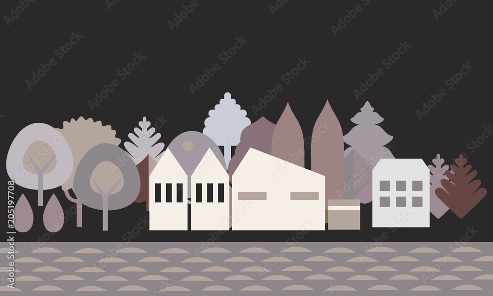 Flat design illustration of a village or town on the banks of the river, with trees in the background under a black night sky - vector