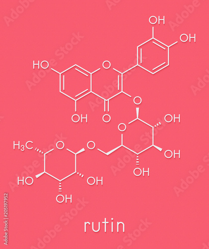 Rutin (rutoside, sophorin) molecule. Herbal glycoside composed of quercetin and rutinose. Skeletal formula.