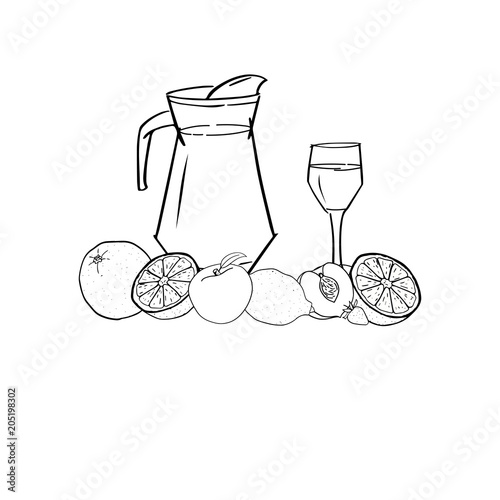 Hand drawn jug and glass of fresh drink with orange , peach, lemon, strawberry, apple, mint. Vector eps 10. Out line illustration for menu, flyer, banner, for bar, restaurant, shop.