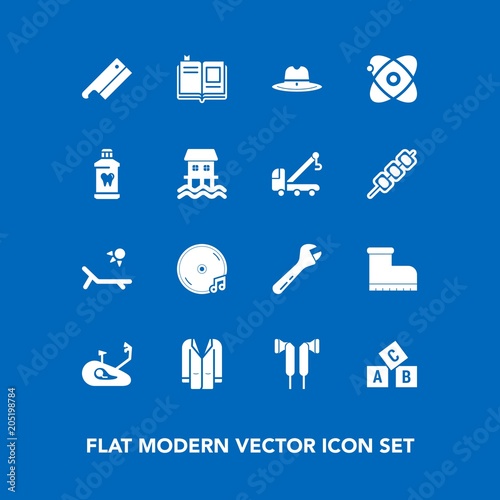 Modern, simple vector icon set on blue background with abc, coat, book, bike, equipment, cowboy, brush, audio, universe, alphabet, album, sound, spanner, meat, style, fashion, sheriff, summer icons © Amid