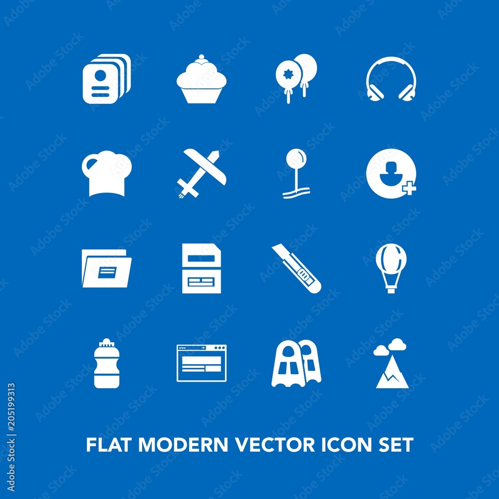Modern, simple vector icon set on blue background with paper, data, audio, landscape, id, sign, celebration, mountain, doughnut, hat, card, food, airplane, extreme, save, computer, music, blue icons Modern, simple vector icon set on blue background with paper, data, audio, landscape, id, sign, celebration, mountain, doughnut, hat, card, food, airplane, extreme, save, computer, music, blue icons