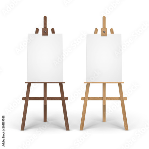 Vector Set of Wooden Brown Sienna Easels with Mock Up Empty Blank Vertical Canvases Isolated on Background