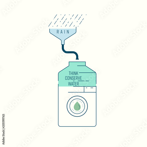 Use harvested rainwater for washing machine. Think conserve water. Vector illustration.