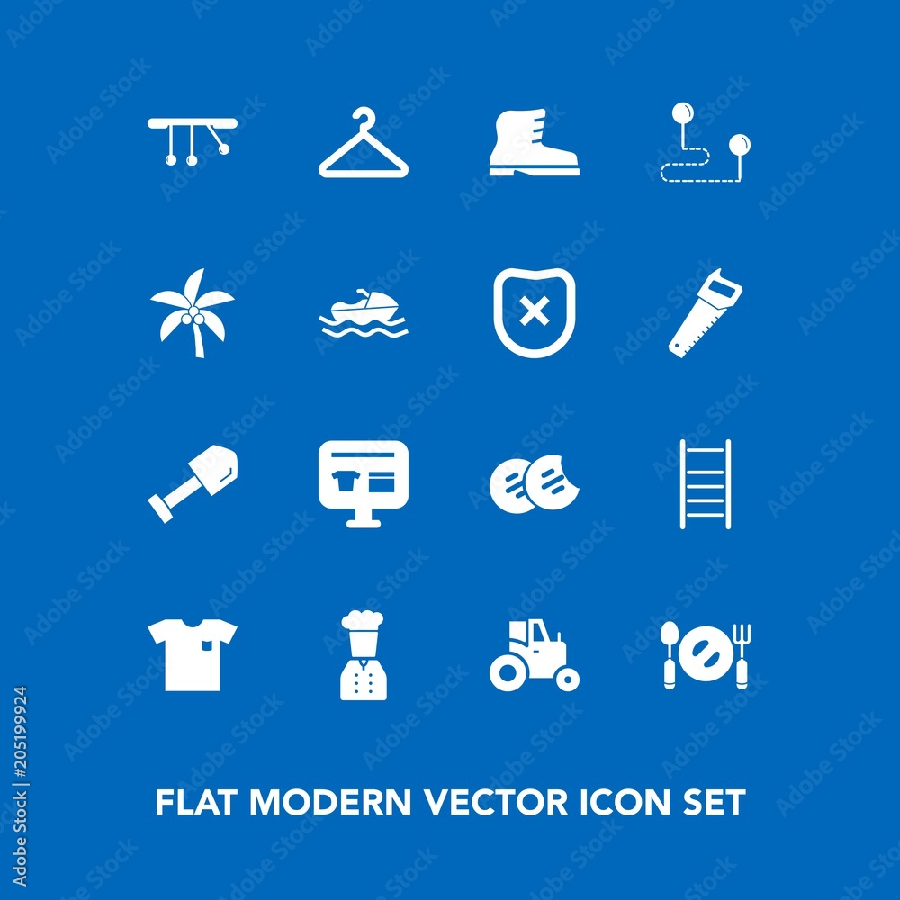 Modern, simple vector icon set on blue background with fork, hanger, shovel, dessert, white, nature, equipment, snack, spoon, sale, new, position, ecommerce, restaurant, cart, ladder, shirt, map icons Modern, simple vector icon set on blue background with fork, hanger, shovel, dessert, white, nature, equipment, snack, spoon, sale, new, position, ecommerce, restaurant, cart, ladder, shirt, map icons