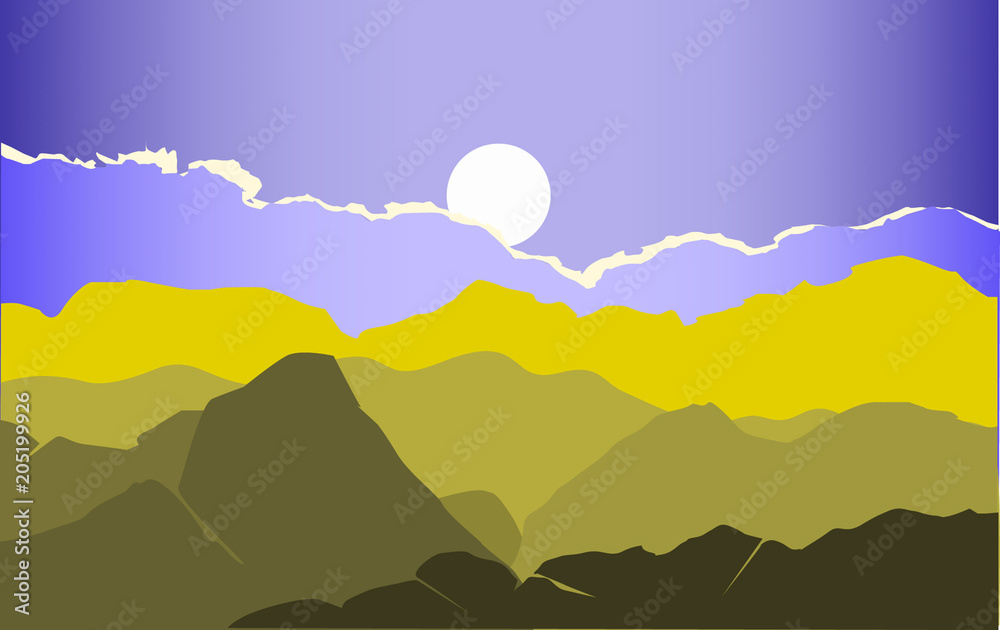 Green mountain landscape vector with a bright sunset. vector illustration in green blue tones. 