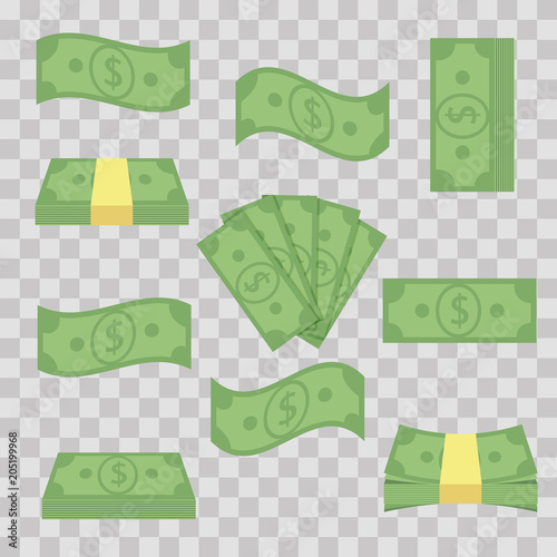 Set different banknotes money. Stack bills, finance heap cash - flat vector illustration. Currency objects on a transparent background