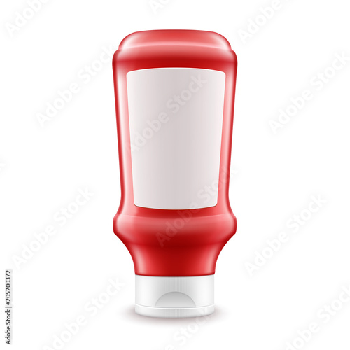 Vector Blank Plastic Red Tomato Ketchup Bottle for Branding with White label Isolated on White Background