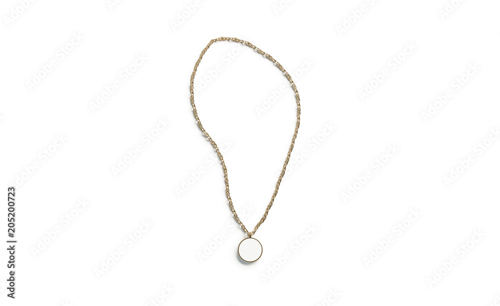 Blank white golden pendant round mockup top view isolated, 3d rendering. Empty gold pendent mock up on chain, template. Clear metal label. Blank white golden pendant round mockup top view isolated, 3d rendering. Empty gold pendent mock up on chain, template. Clear metal label.