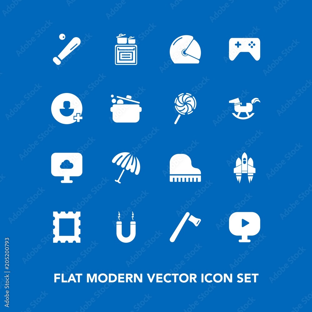 Modern, simple vector icon set on blue background with frame, baseball, cloud, rain, oven, parasol, cooking, tool, motorcycle, weather, joystick, sport, craft, axe, musical, magnet, kitchen icons Modern, simple vector icon set on blue background with frame, baseball, cloud, rain, oven, parasol, cooking, tool, motorcycle, weather, joystick, sport, craft, axe, musical, magnet, kitchen icons