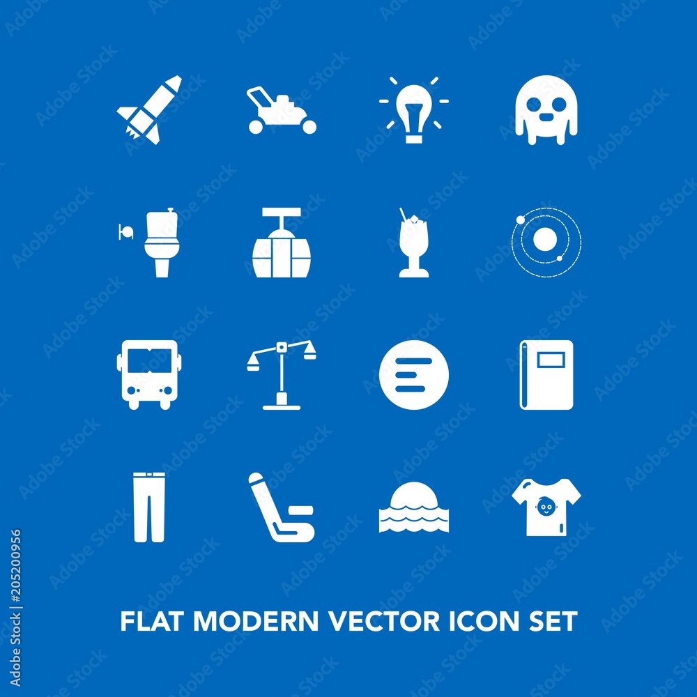 Modern, simple vector icon set on blue background with electricity, lawn, button, nature, clothes, energy, bus, grass, clothing, mobile, notebook, app, ufo, menu, bulb, garden, law icons Stock Vector | Adobe