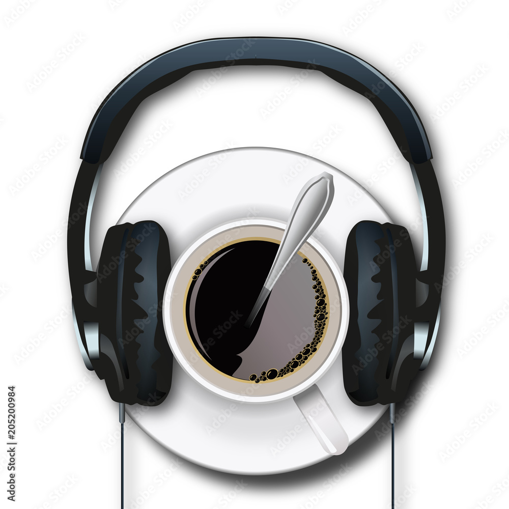 casque audio - concept - tasse de café - écoute -radio - café - musique -  matin - réveil - info Stock Vector | Adobe Stock