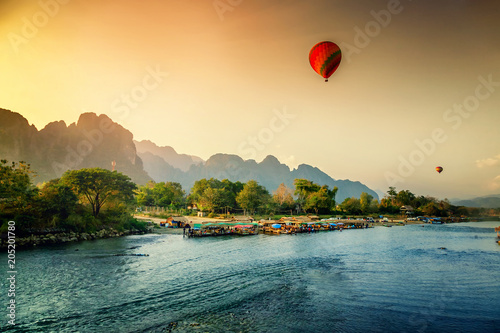 Beautiful views of the mountains and the balloon tour, landmarks travels Vang Vieng, Laos. photo