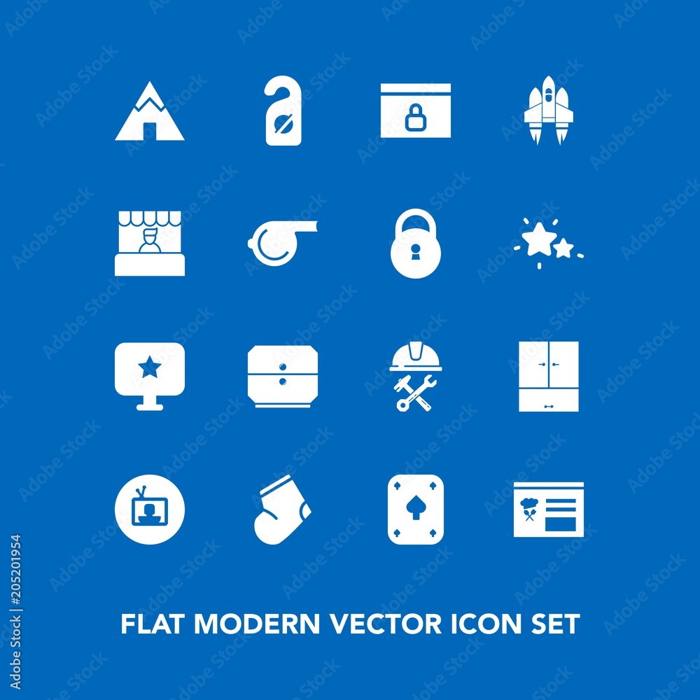 Modern, simple vector icon set on blue background with hotel, winter, game, tent, builder, helmet, clothes, drawer, technology, play, space, web, supermarket, label, rocket, travel, website, tv icons Modern, simple vector icon set on blue background with hotel, winter, game, tent, builder, helmet, clothes, drawer, technology, play, space, web, supermarket, label, rocket, travel, website, tv icons