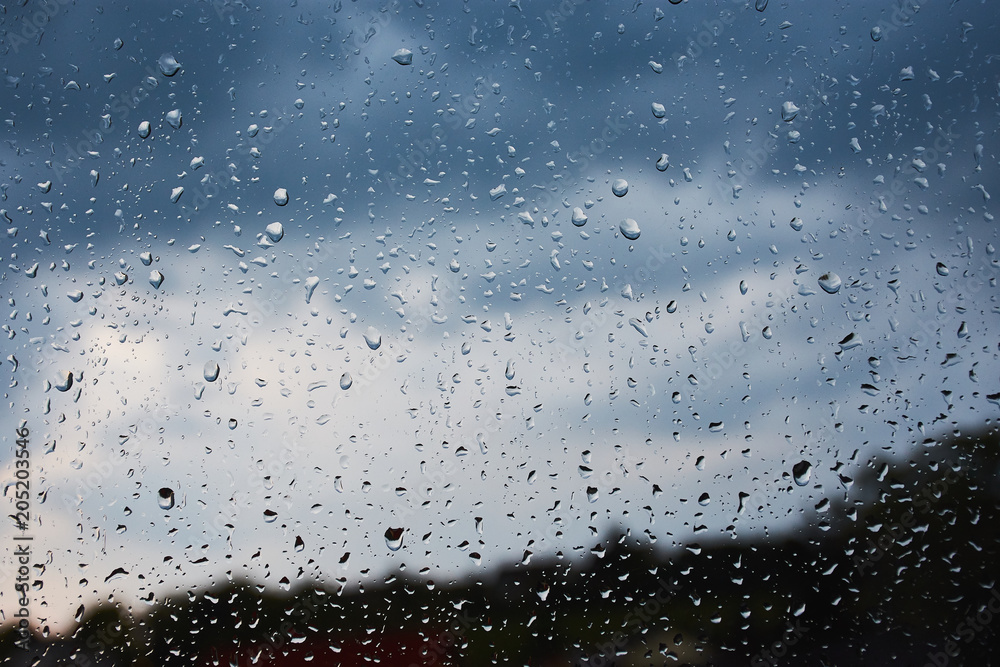 Regentropfen auf einer Fensterscheibe mit Blick auf die Regenwolken und Pflanzen