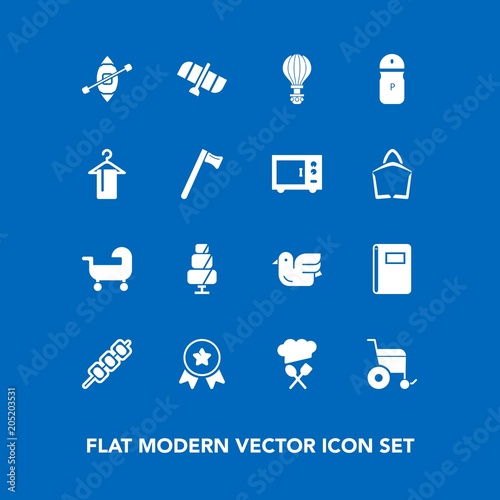 Modern, simple vector icon set on blue background with baby, winner, kebab, parachuting, book, doughnut, ship, orbit, station, animal, extreme, space, salt, sweet, boat, parachute, sky, dessert icons