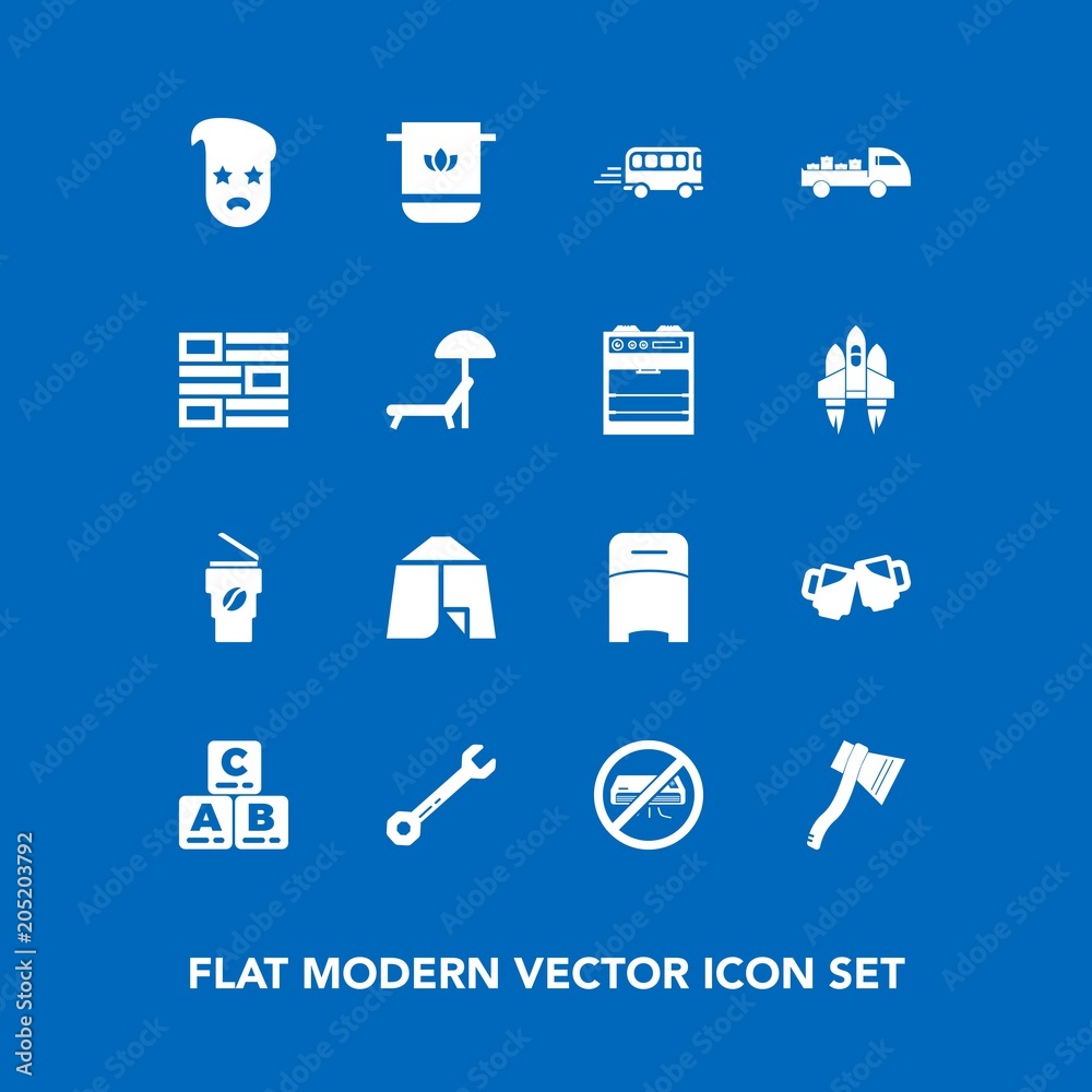 Modern, simple vector icon set on blue background with tent, hot, kid, cotton, transportation, speed, play, beer, retro, wrench, hipster, drink, tool, air, graphic, travel, spanner, bathroom icons Modern, simple vector icon set on blue background with tent, hot, kid, cotton, transportation, speed, play, beer, retro, wrench, hipster, drink, tool, air, graphic, travel, spanner, bathroom icons