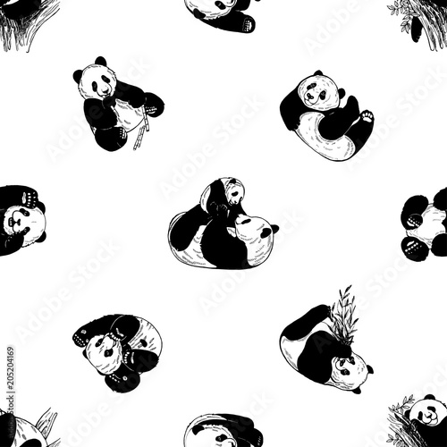 Fototapeta Naklejka Na Ścianę i Meble -  Seamless pattern of hand drawn sketch style giant pandas isolated on white background. Vector illustration.