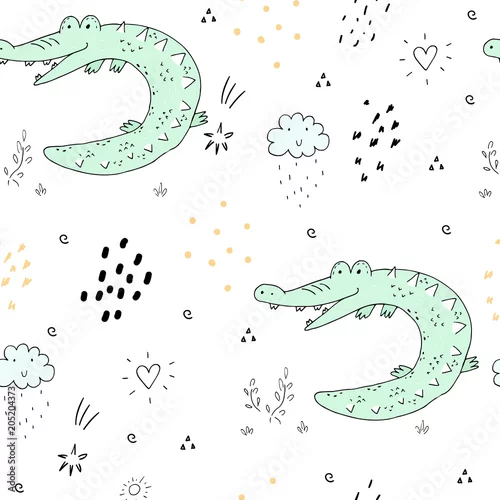 Tapety Ładny ręcznie rysowane wzór z zabawnymi krokodylami.
